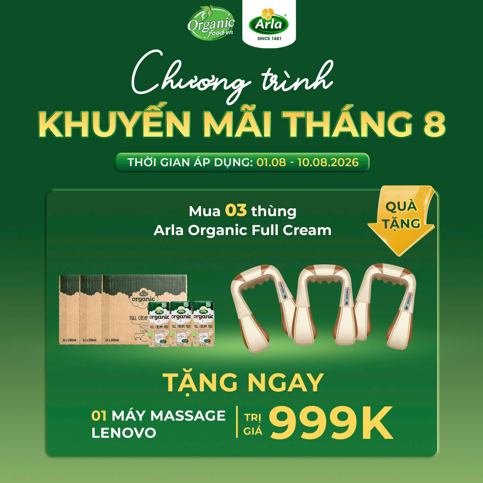 Ưu đãi tháng 8 - Mua sữa hữu cơ Arla, nhận ngay máy massage Lenovo trị giá 999.000Đ
