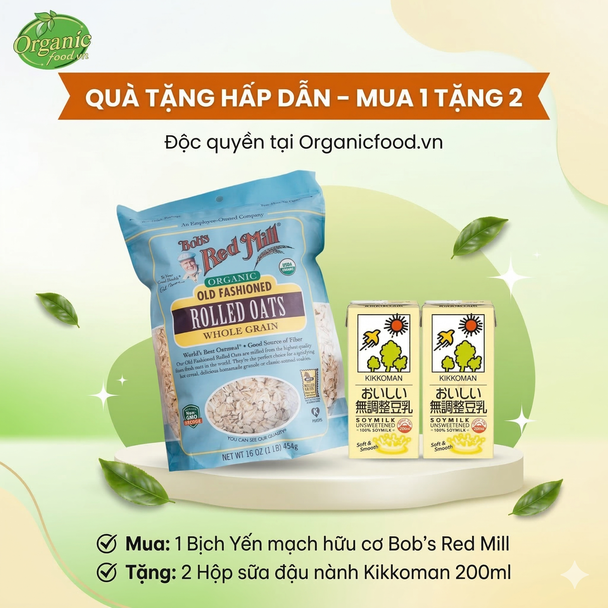 Mua 1 Yến mạch hữu cơ Bob’s Red Mill tặng 2 sữa đậu nành Kikkoman 200ml