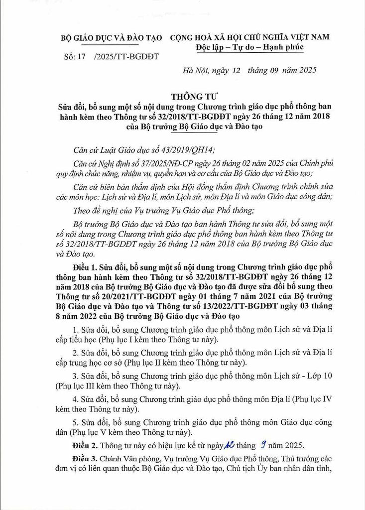 Thông tư sửa đổi, bổ sung một số nội dung trong Chương trình giáo dục phổ thông (ban hành kèm theo Thông tư số 32/2018/TT-BGDĐT ngày 26 tháng 12 năm 2018 của Bộ trưởng Bộ Giáo dục và Đào tạo)