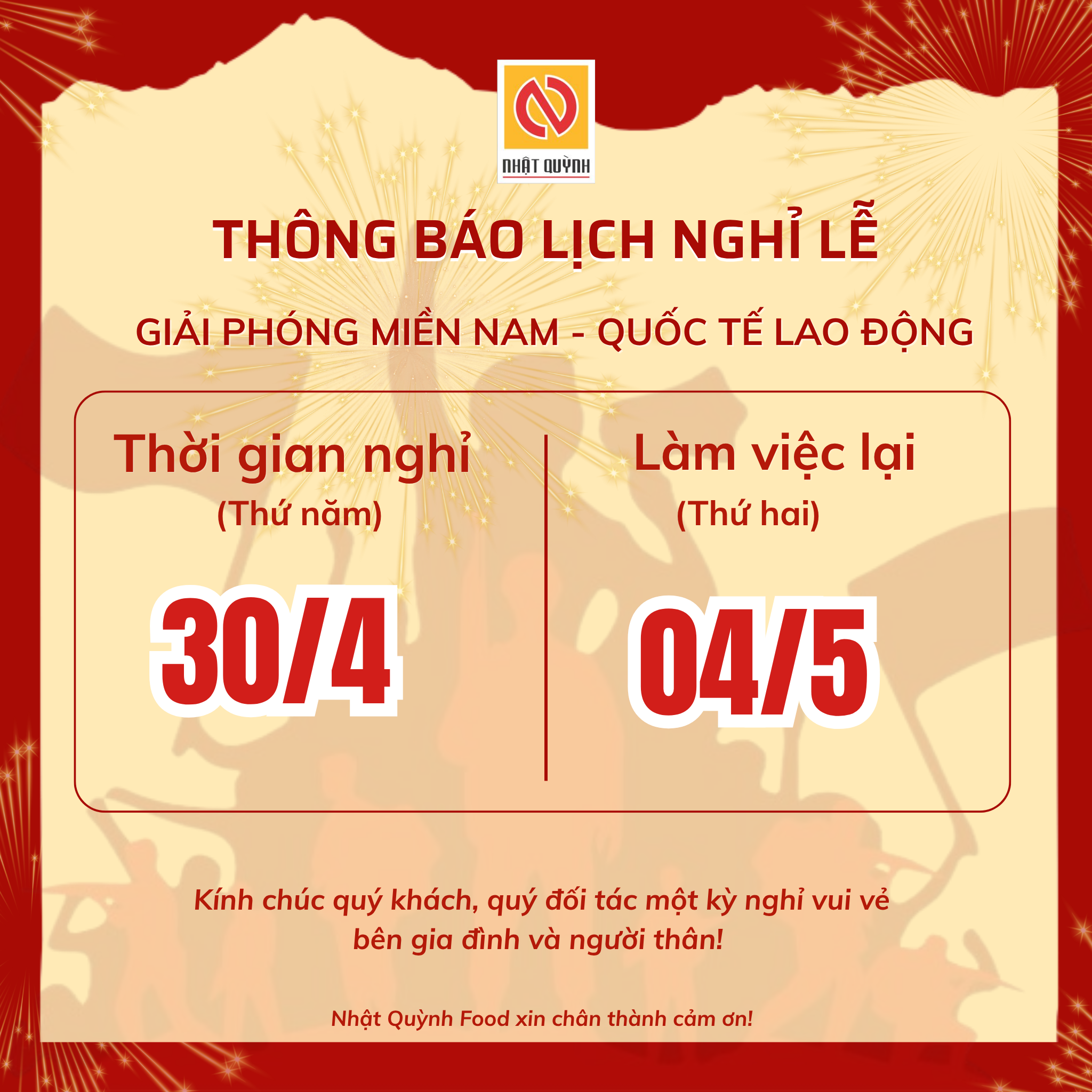 THÔNG BÁO LỊCH NGHỈ LỄ 30/4 – 1/5