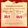 THÔNG BÁO LỊCH NGHỈ LỄ 30/4 – 1/5