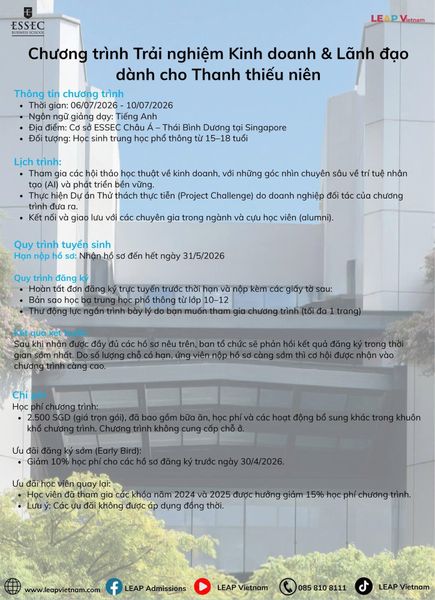 Chương trình Trải nghiệm Kinh doanh và Lãnh đạo tại Singapore