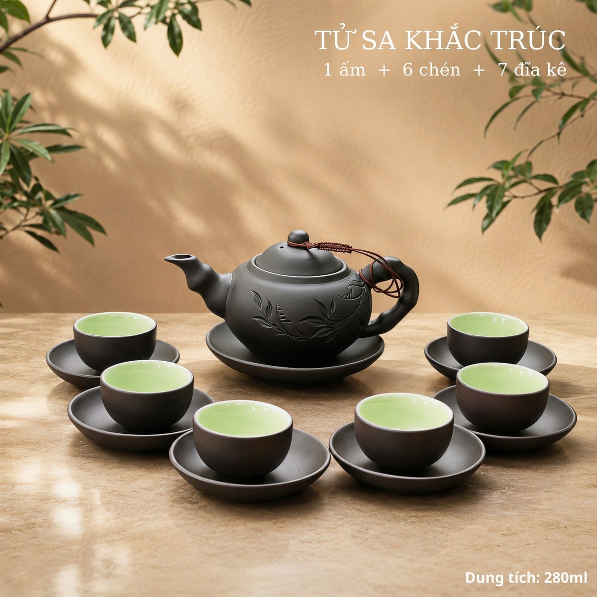 Bộ ấm tử sa Khắc Trúc Bát Tràng, 1 ấm 6 chén, dung tích 280ml