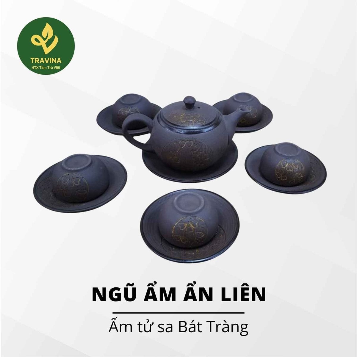 Bộ ấm chén Ngũ Ẩm Ẩn Liên 180ml, 1 ấm 5 chén, gốm Bát Tràng