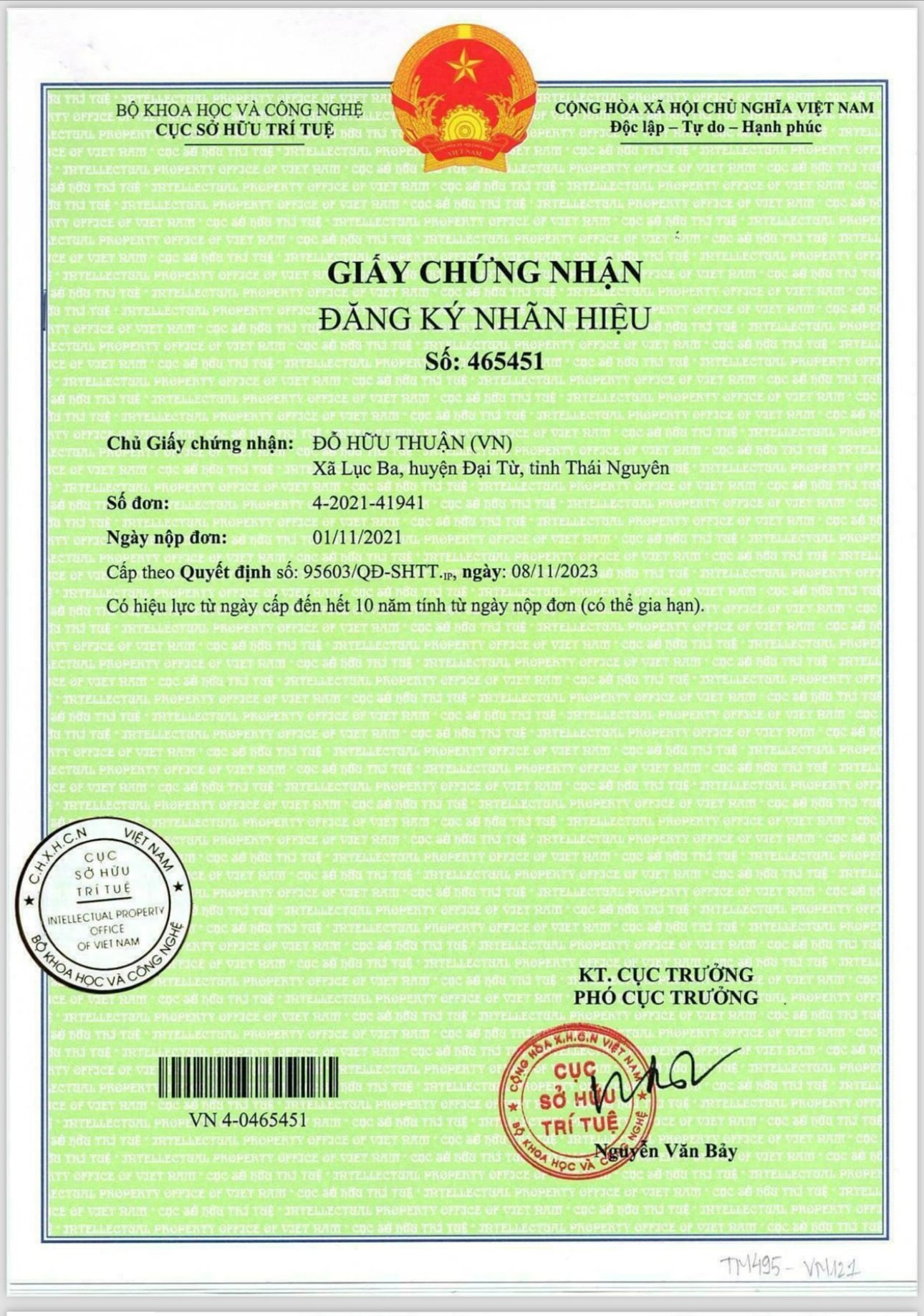 Giấy chứng nhận đăng k&yacute; nh&atilde;n hiệu THUANTRA số 465451