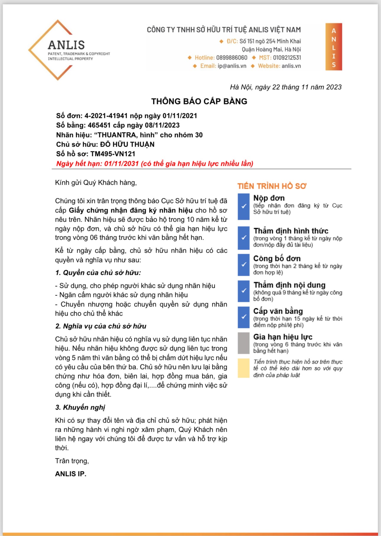 Th&ocirc;ng b&aacute;o cấp bằng nh&atilde;n hiệu THUANTRA 465451