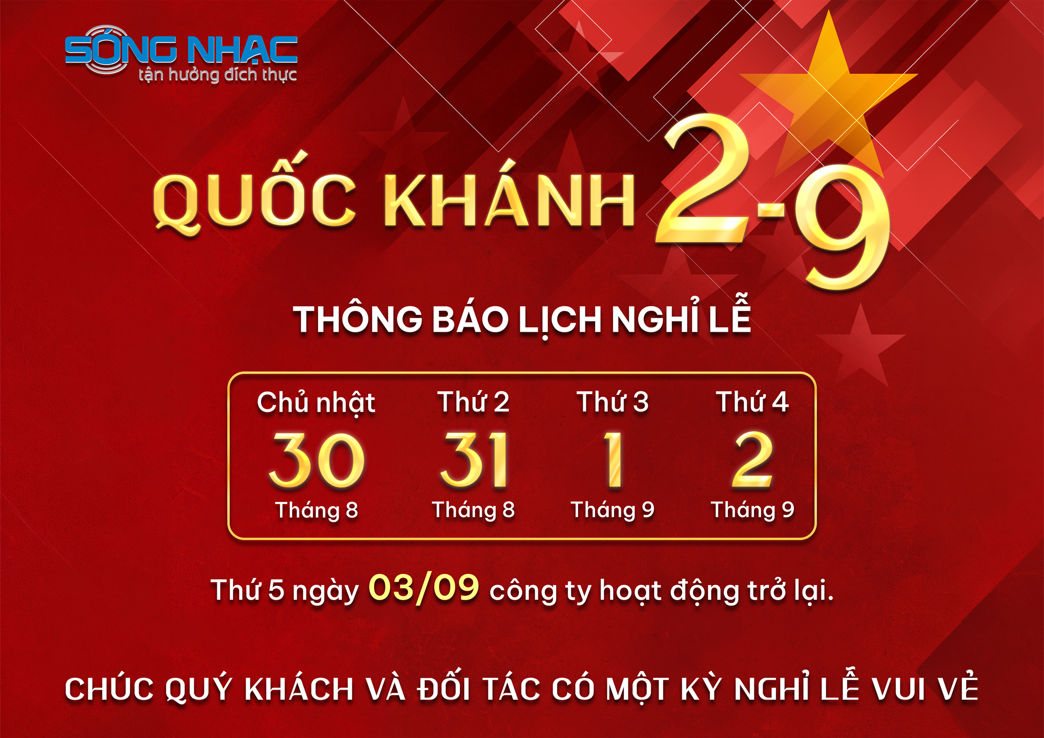 THÔNG BÁO LỊCH NGHỈ LỄ QUỐC KHÁNH 2/9/2026