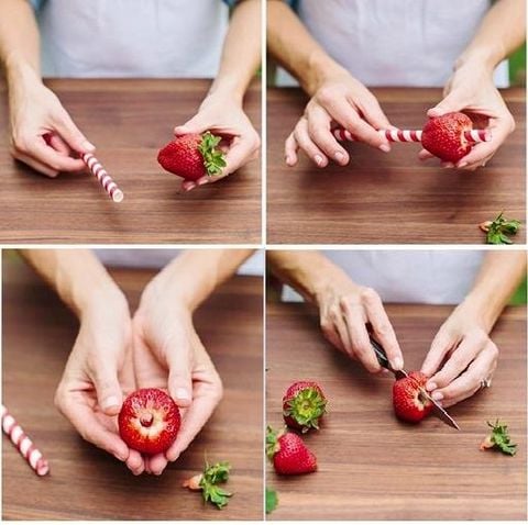 Mẹo Dùng Ống Hút Giấy Lấy Lõi Dâu Tây Siêu Nhanh