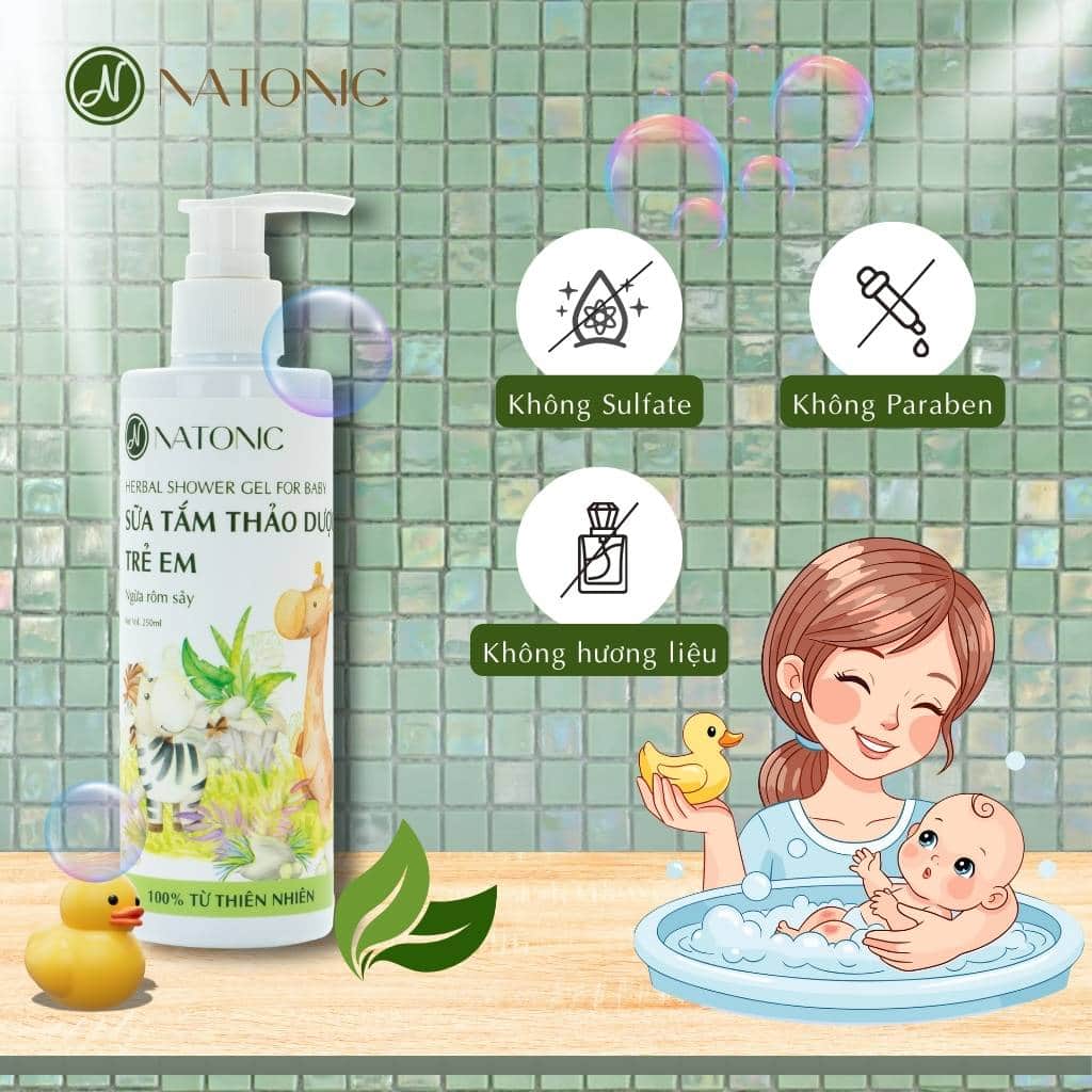 Sữa tắm thảo dược em bé Natonic hết rôm sảy, mẩn ngứa, cấp ẩm da