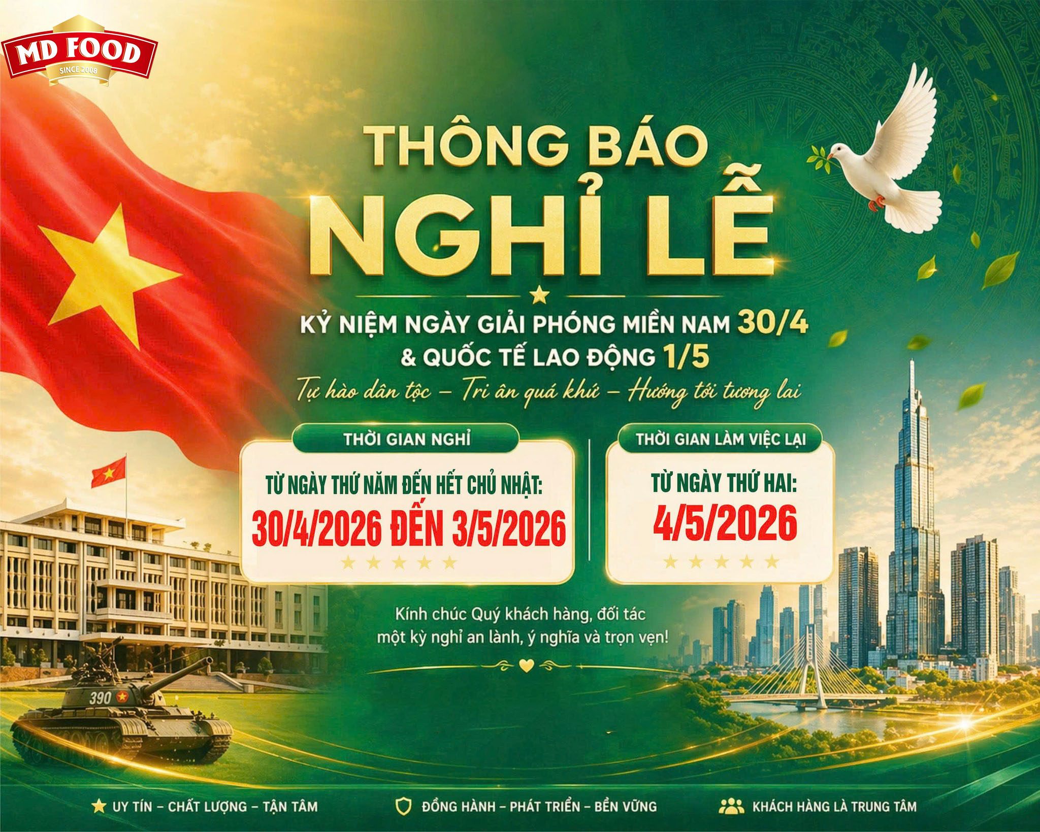 MDFOOD THÔNG BÁO LỊCH NGHỈ LỄ 30/4 – 1/5