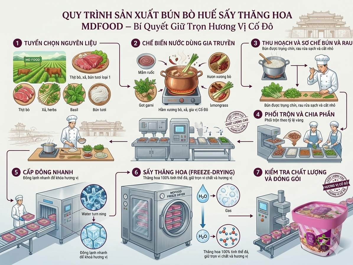 Quy Trình Sản Xuất Bún Bò Huế Sấy Thăng Hoa MDFOOD – Bí Quyết Giữ Trọn Hương Vị Cố Đô