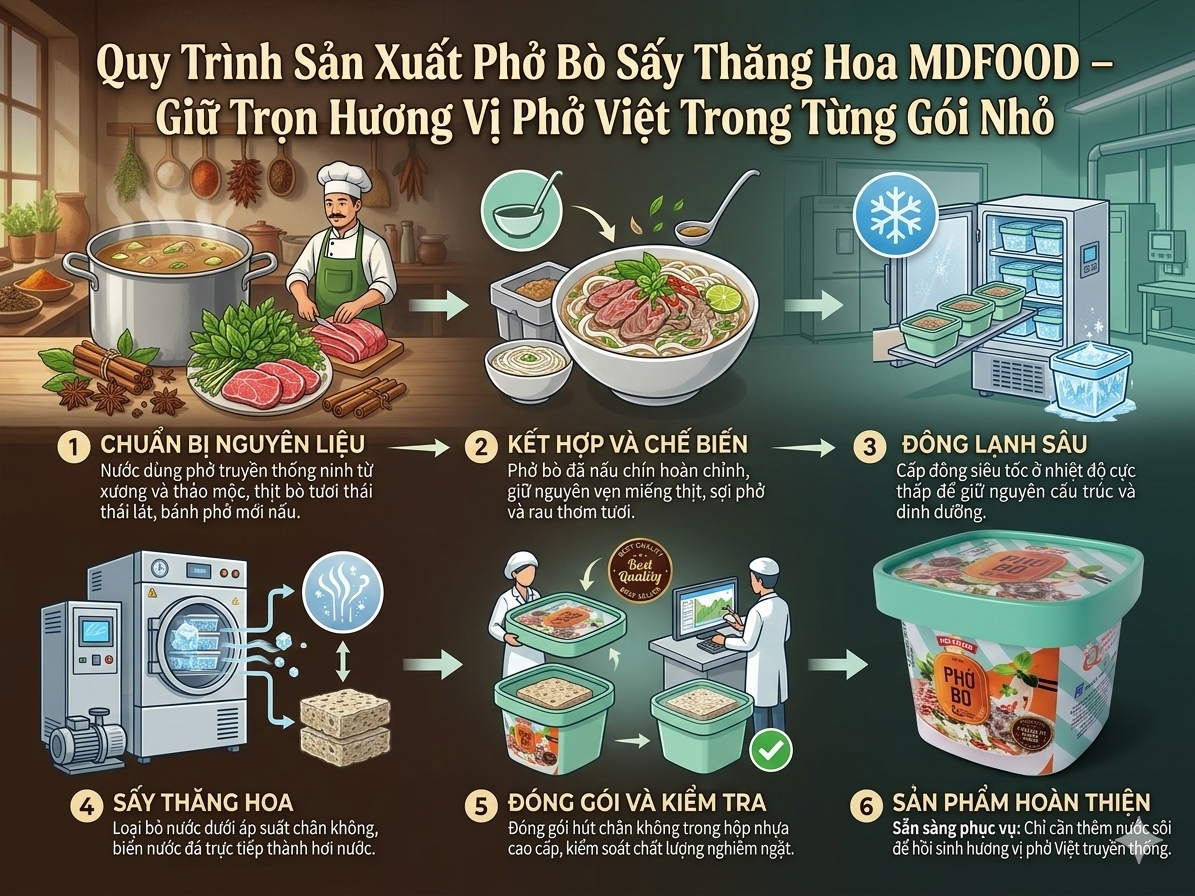 Quy Trình Sản Xuất Phở Bò Sấy Thăng Hoa MDFOOD – Giữ Trọn Hương Vị Phở Việt Trong Từng Gói Nhỏ