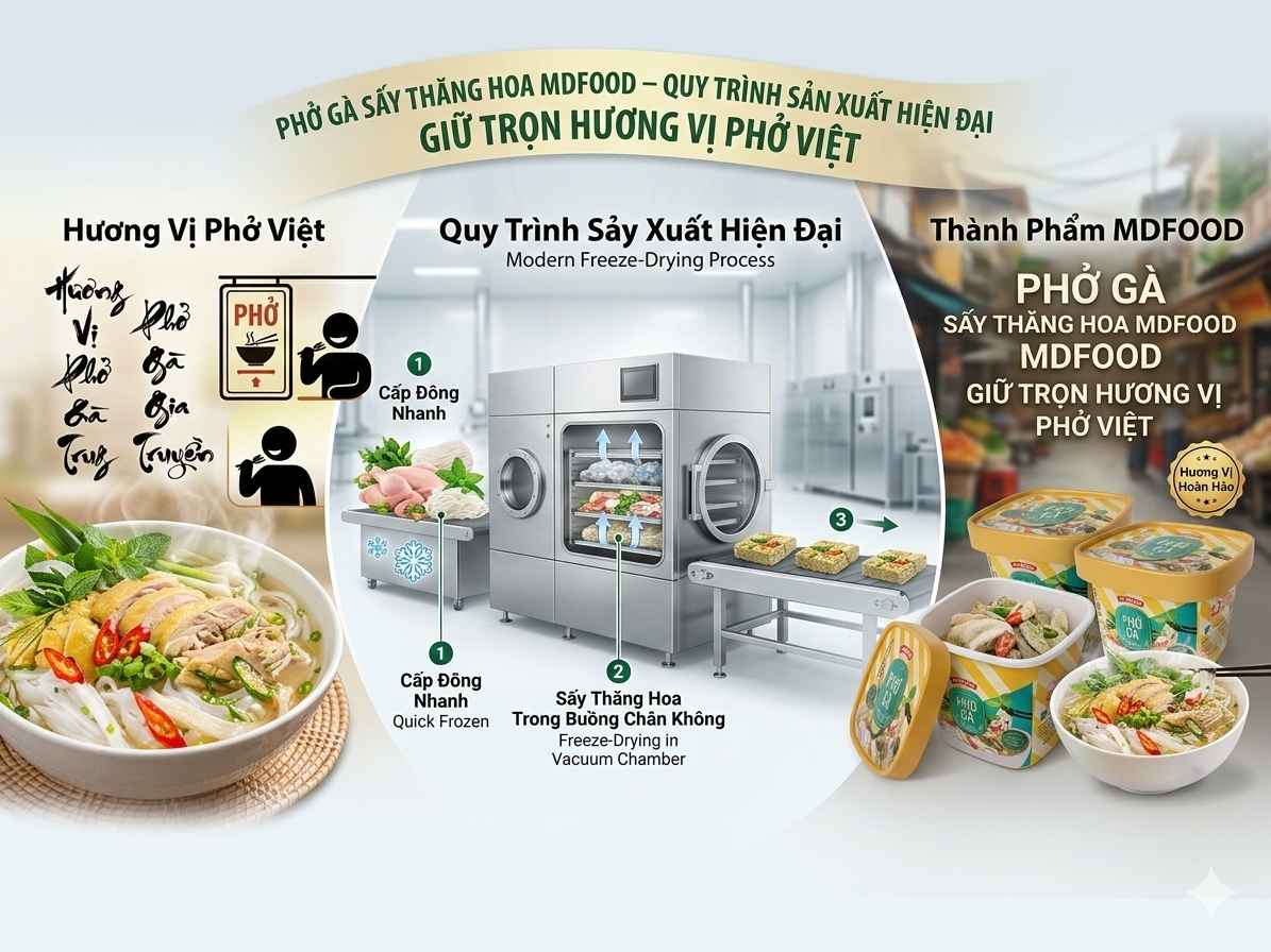 Phở Gà Sấy Thăng Hoa MDFOOD – Quy Trình Sản Xuất Hiện Đại Giữ Trọn Hương Vị Phở Việt