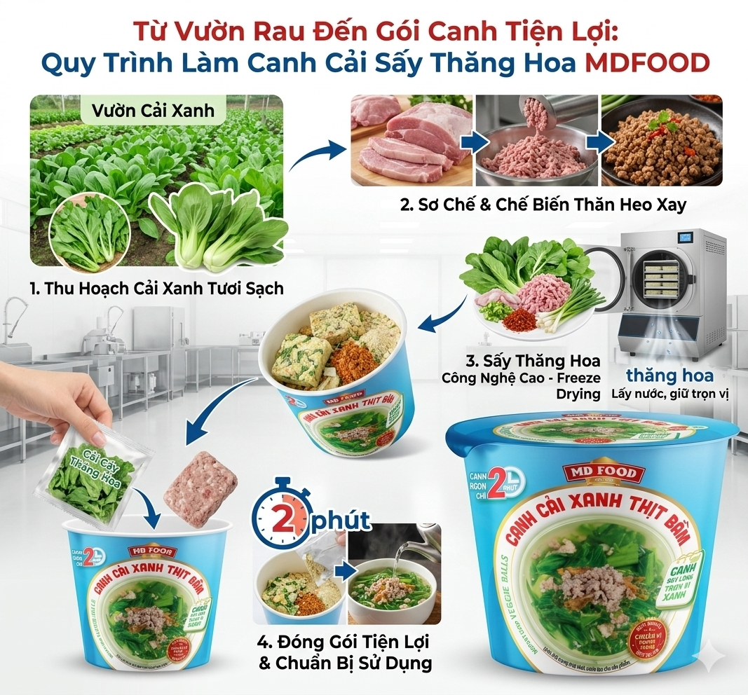 Từ Vườn Rau Đến Gói Canh Tiện Lợi: Quy Trình Làm Canh Cải Sấy Thăng Hoa MDFOOD
