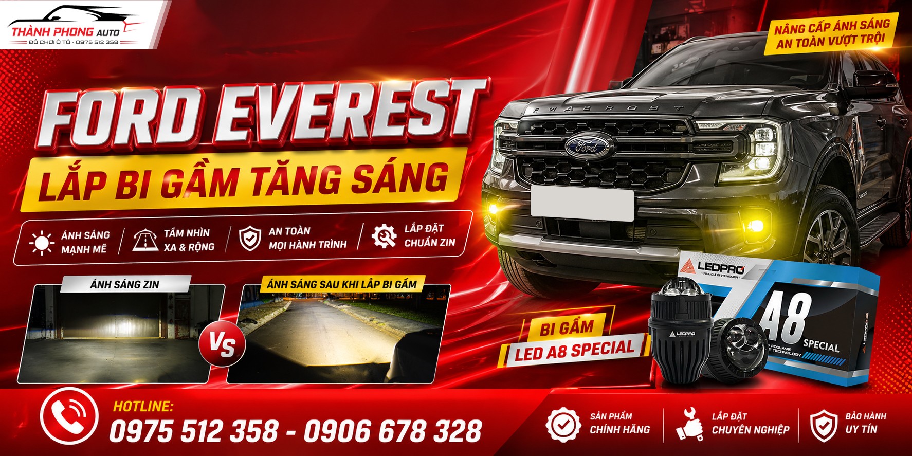 Ford Everest Lắp Bi Gầm LEDPRO A8 Special 2 Inch - Tăng Sáng Mạnh, Đi Đêm An Toàn
