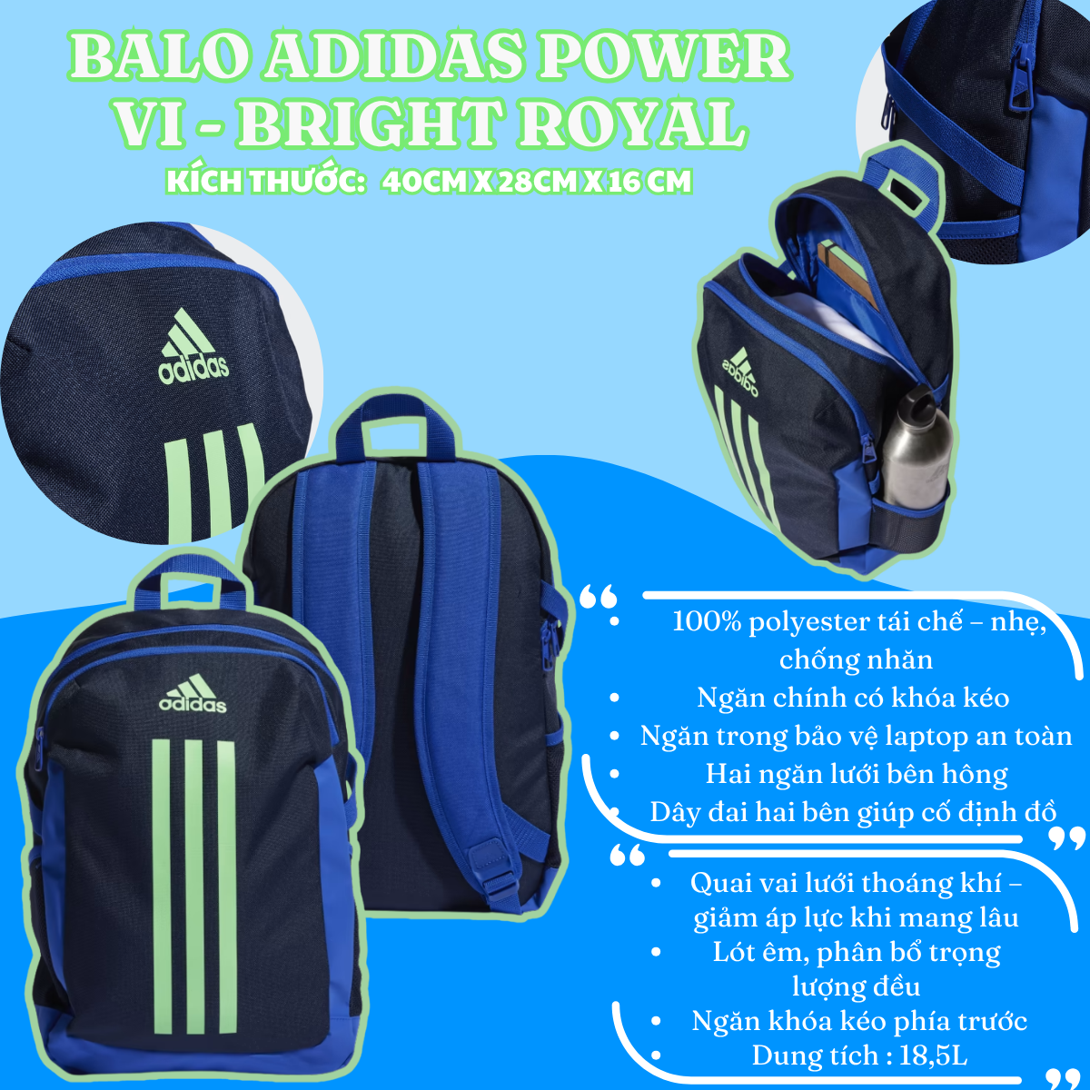 🎒 Balo Adidas Power - Legend Ink / Royal Blue / Beam Green