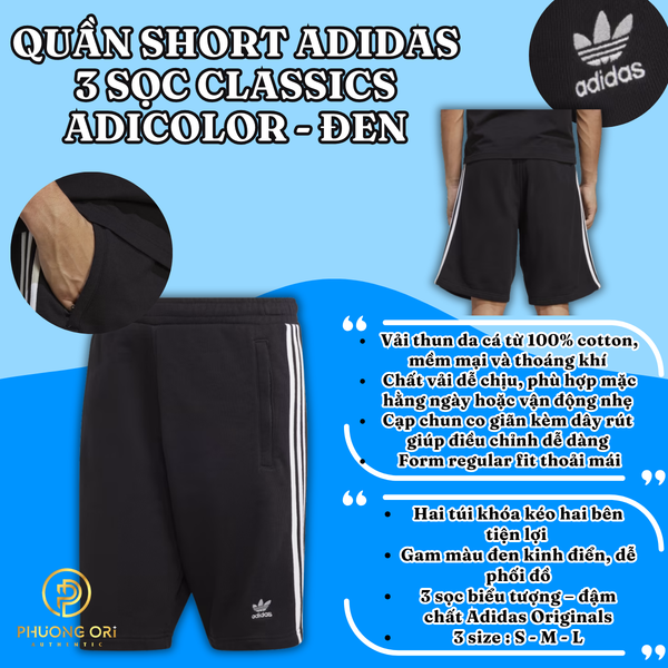 🩳 Quần Short Adidas 3 Sọc Classics Adicolor – Màu Đen