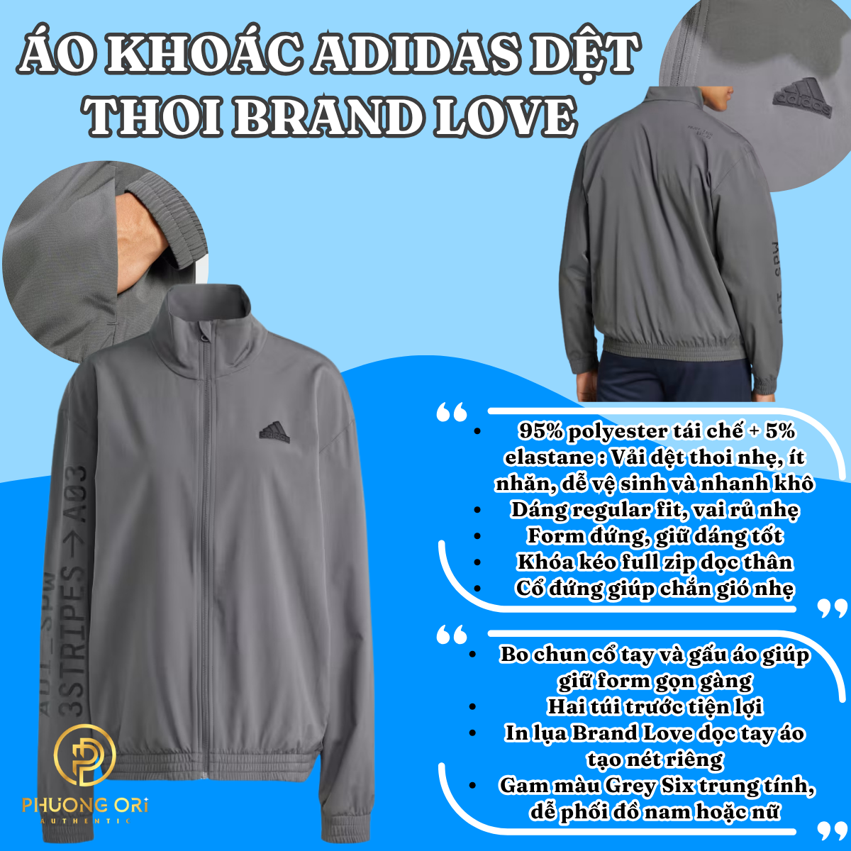 🧥 Áo Khoác Adidas Dệt Thoi Brand Love – Màu Xám