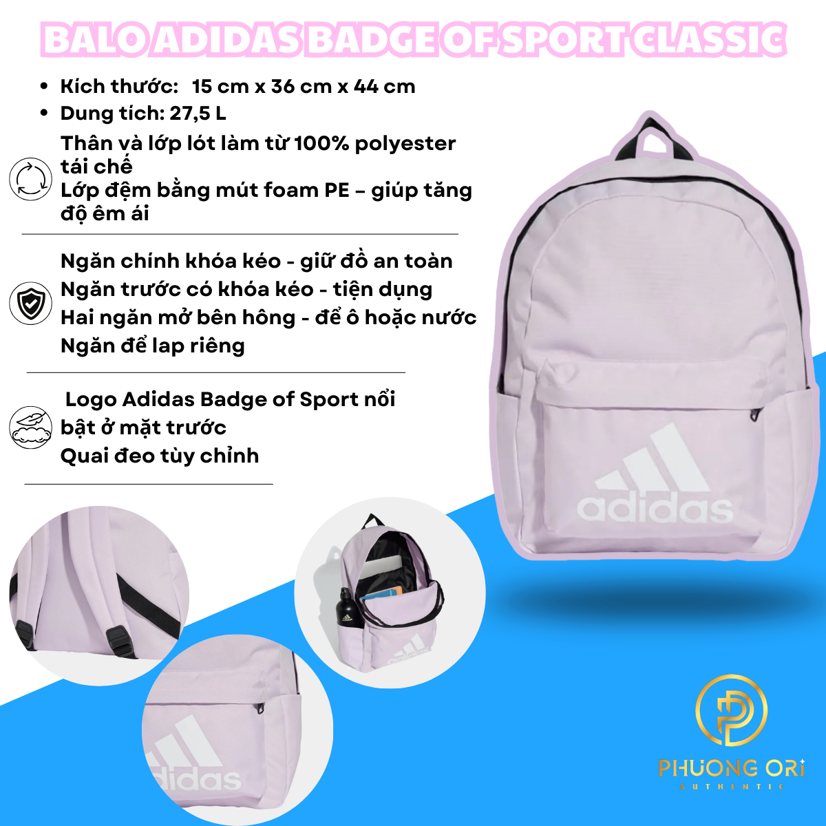 🎒 Balo Adidas Badge of Sport Classic – Màu Hồng Năng Động