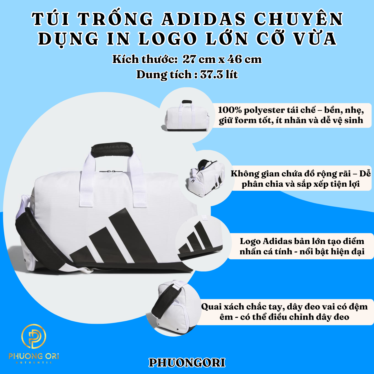 🎒 Túi Trống Adidas Chuyên Dụng In Logo Lớn Cỡ Vừa – Màu Trắng - JM2726