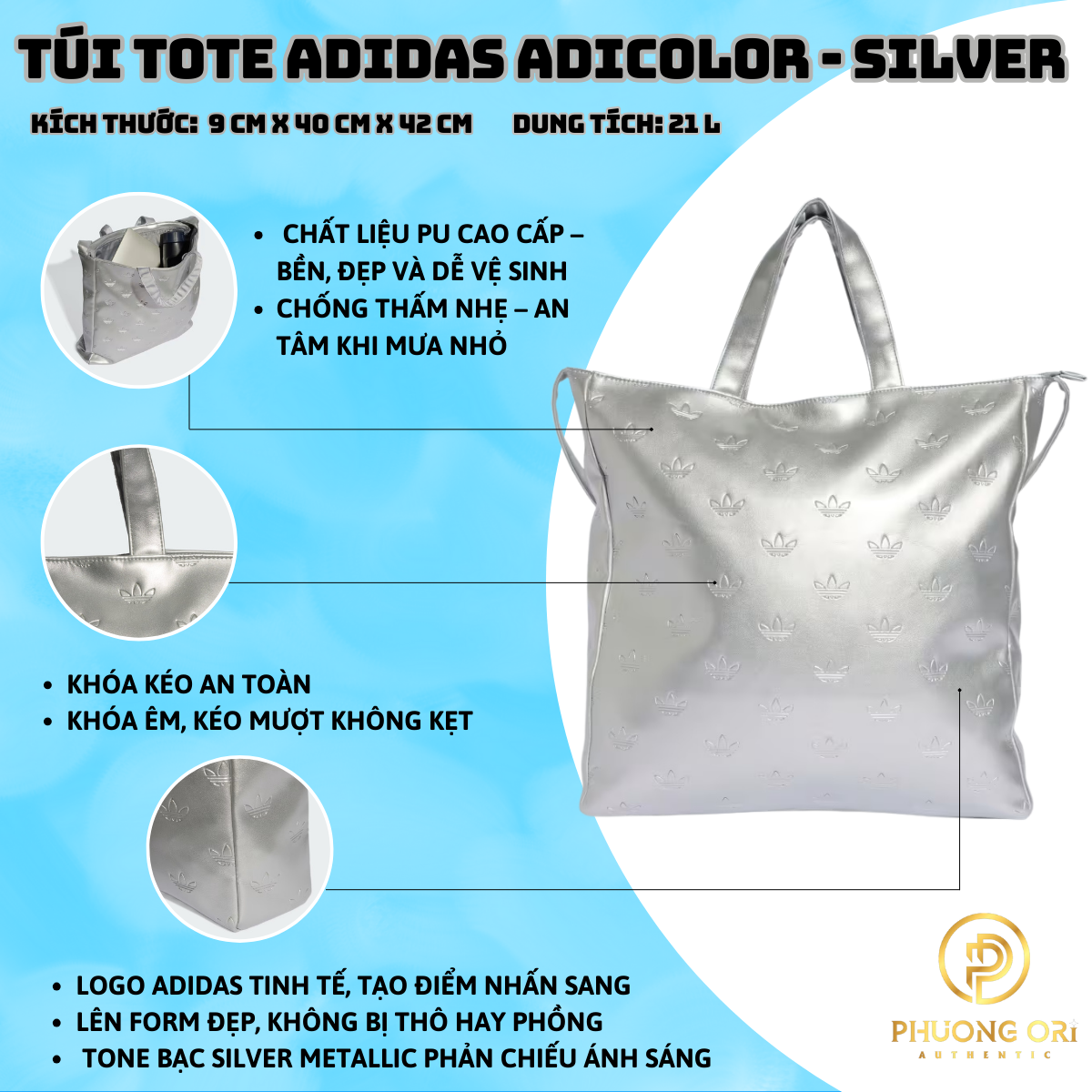 ✨ Túi Tote Adidas Adicolor Màu Bạc – Phụ Kiện “Bắt Sáng” Cực Thời Thượng