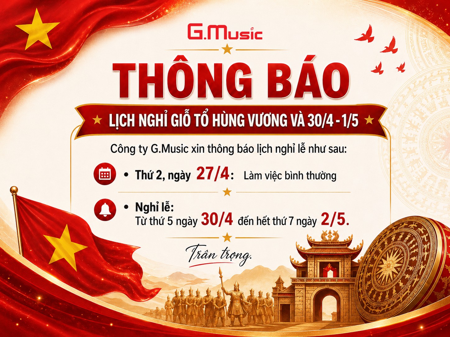 THÔNG BÁO LỊCH NGHỈ LỄ GIỖ TỔ HÙNG VƯƠNG & 30/4 – 1/5