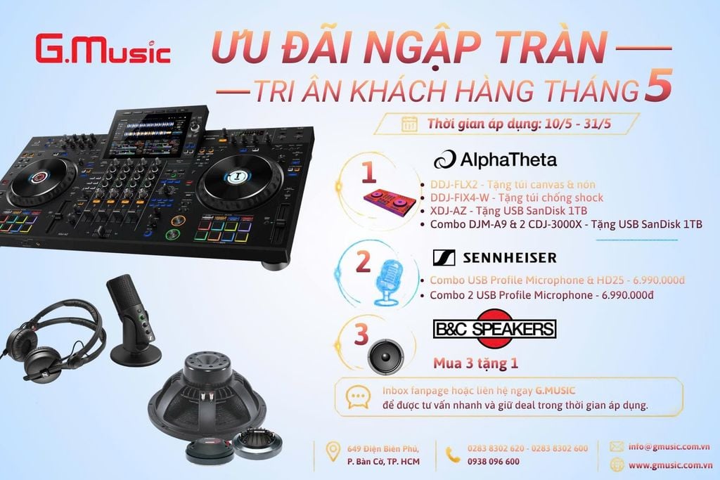 Ưu đãi tháng 5 tại G.Music: Deal hấp dẫn từ AlphaTheta, Sennheiser và B&C Speakers Tháng 5 này, đừng bỏ lỡ loạt ưu đãi hấp dẫn tại G.Music