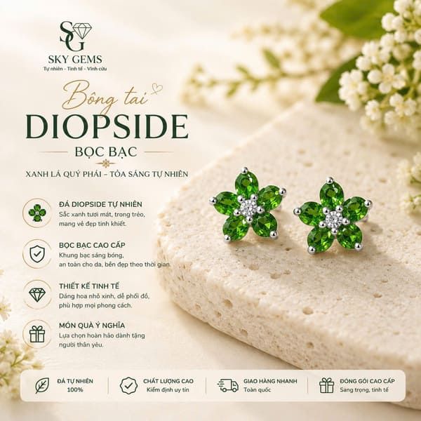 Bông Tai Đá Diopside Bọc Bạc