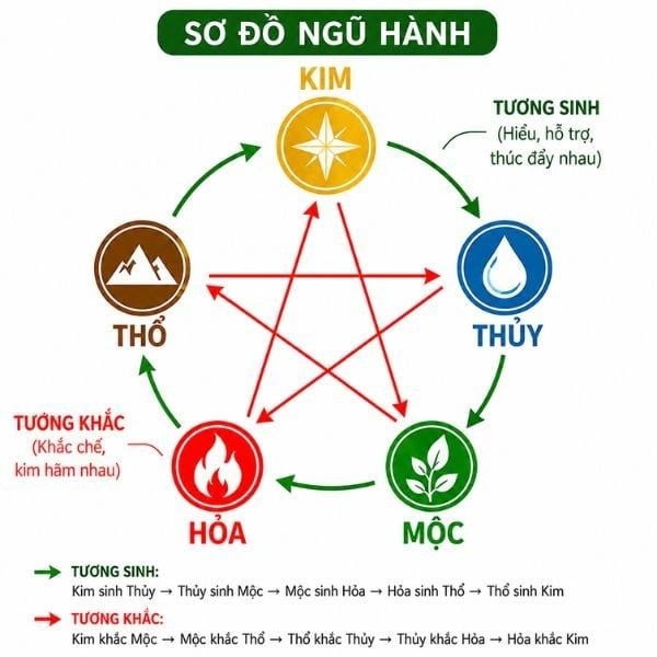 Sơ đồ ngũ hành tương sinh tương khắc để chọn đá phong thủy theo mệnh