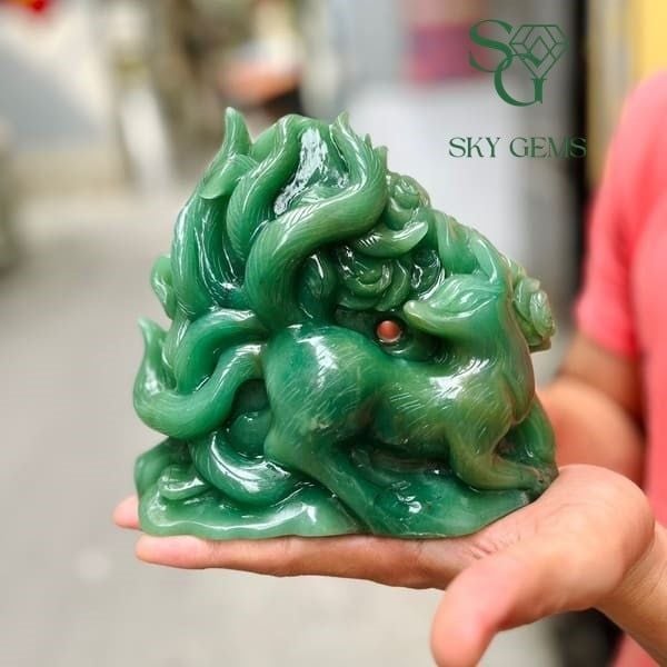Tượng hồ ly thạch anh xanh hợp mệnh Hoả