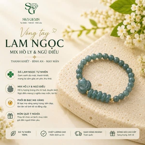 Vòng Tay Lam Ngọc Jadeite A Mix Hồ Ly & Ngũ Điếu