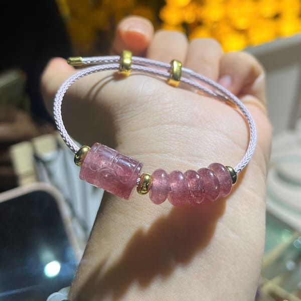 Vòng Tay Ngũ Điếu Mix Lu Thống Chạm Kim Tiền Thạch Anh Dâu Tây Hồng