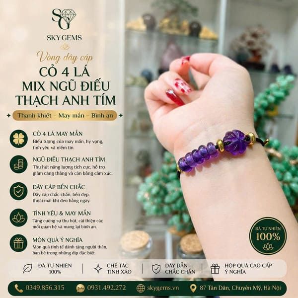 Vòng Tay Thạch Anh Tím Mix Cỏ 4 Lá & Ngũ Điếu