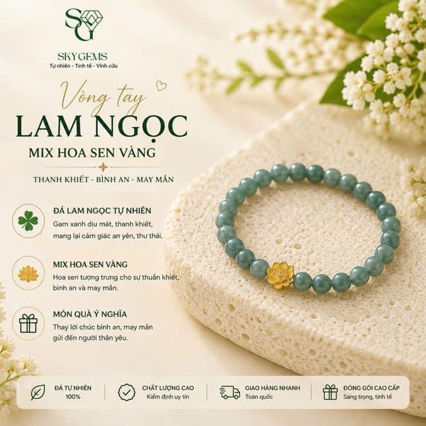 Vòng Tay Lam Ngọc Mix Hoa Sen Bạc Si Vàng