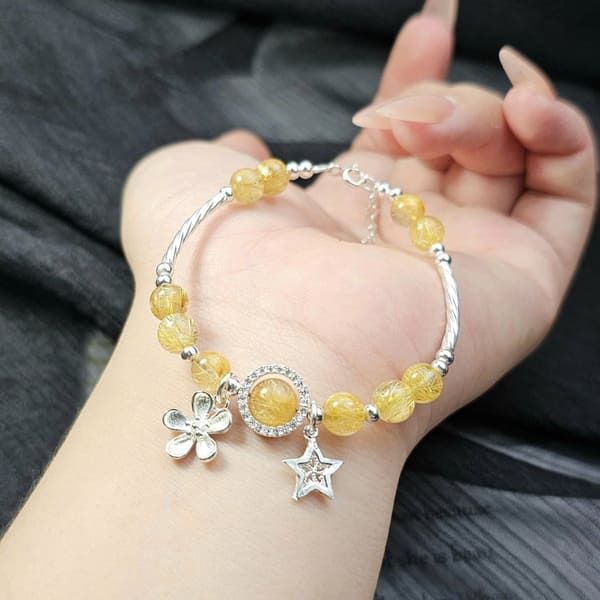 Vòng Tay Thạch Anh Tóc Vàng Mix Charm Bạc