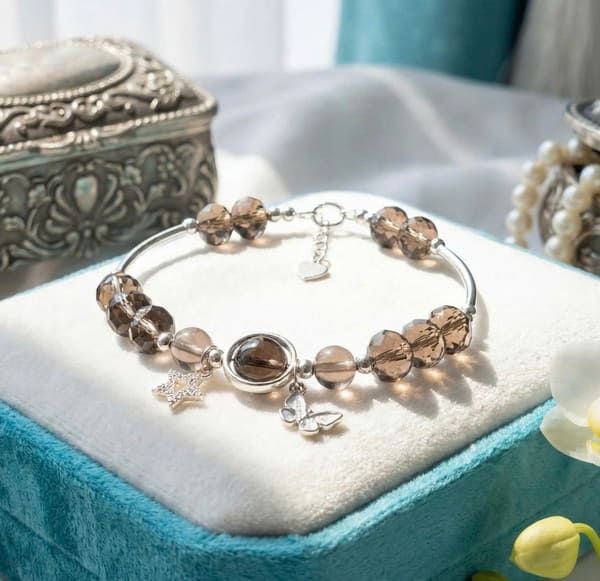 Vòng Tay Thạch Anh Khói Cắt Giác Mix Charm Bạc