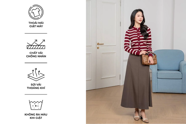 Áo khoác len nữ kẻ ngang nắp túi 2 bên