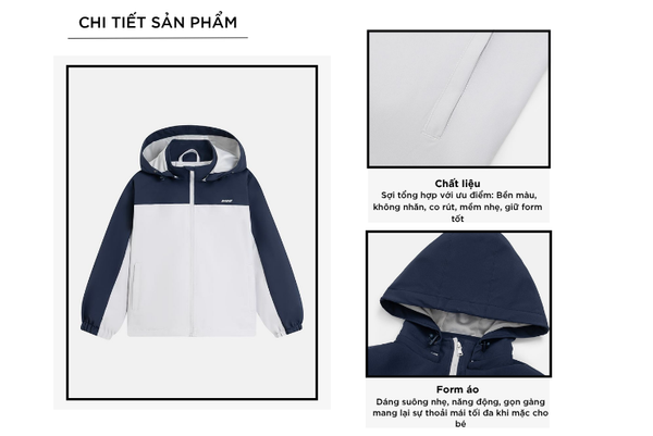 Áo gió có mũ gia đình trẻ em phối vải ngực in