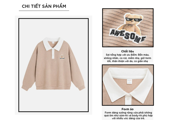 Áo nỉ cổ bẻ bé trai hình in trước ngực