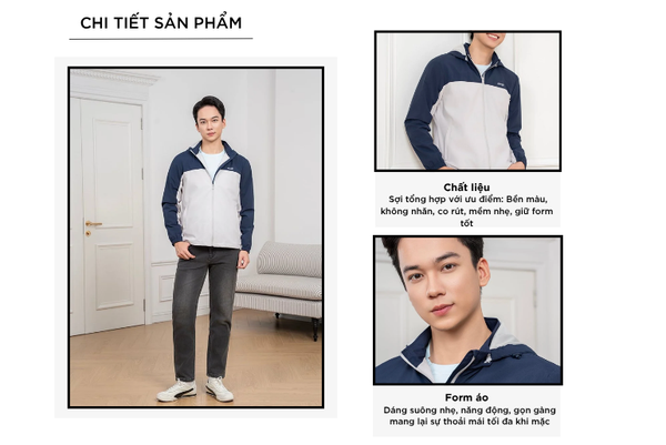 Áo gió có mũ gia đình nam phối vải ngực in