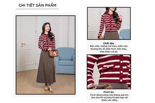 Áo khoác len nữ kẻ ngang nắp túi 2 bên