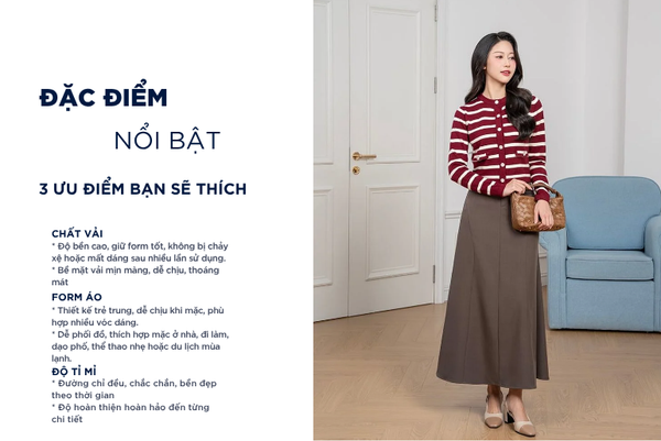 Áo khoác len nữ kẻ ngang nắp túi 2 bên