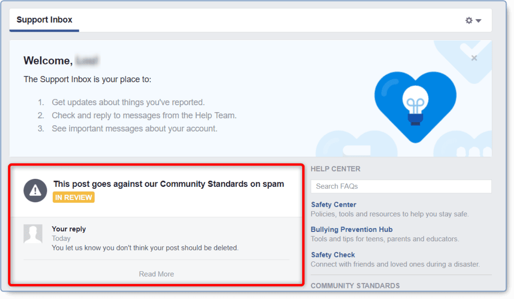 Vào hộp thư hỗ trợ kiểm tra Facebook có bị bóp tương tác hay không?