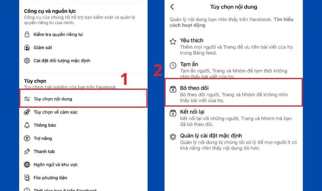Giao diện tùy chọn bỏ theo dõi trên ứng dụng Facebook điện thoại