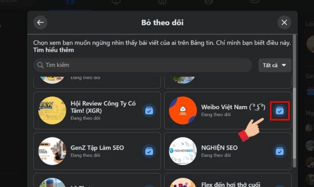 Thao tác quản lý danh mục Fanpage đã theo dõi trên máy tính