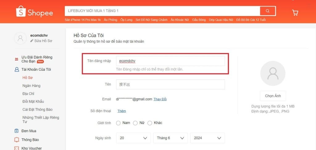 Giao diện thay đổi tên đăng nhập Shopee trên máy tính