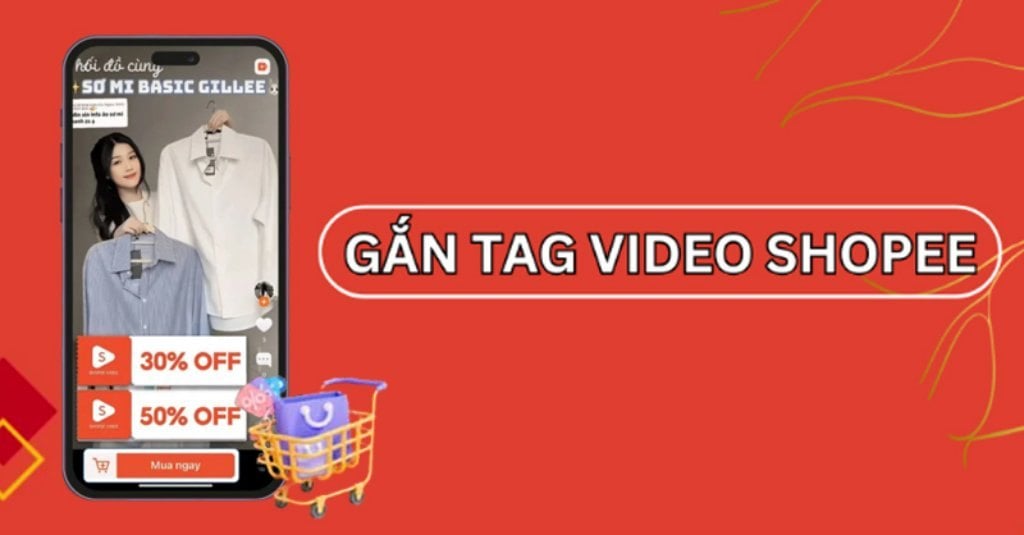 Biểu tượng giỏ hàng màu cam khi gắn tag shopee video