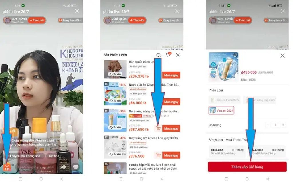 Thêm sản phẩm gắn tag live Shopee vào giỏ hàng