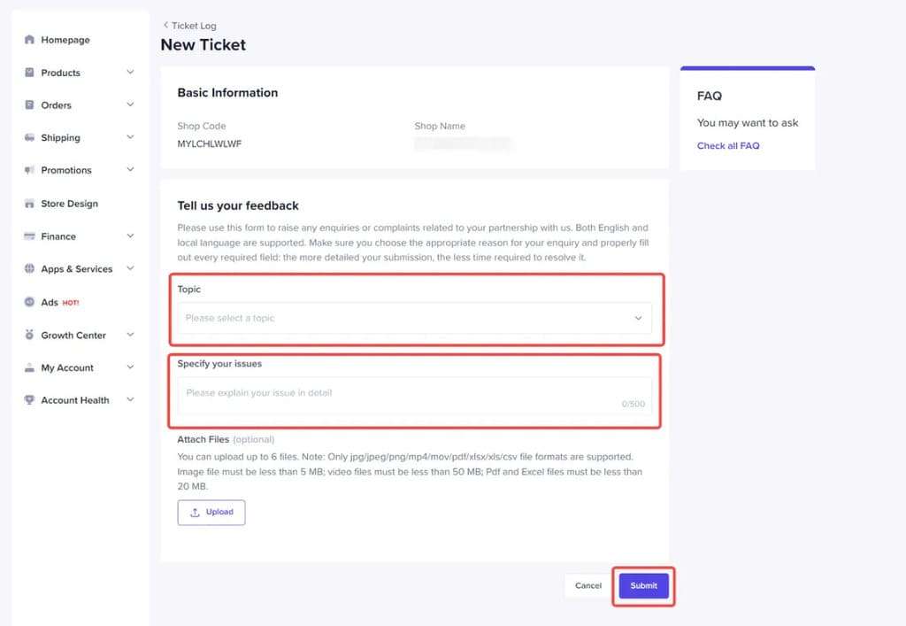 Mở Nhật ký yêu cầu để yêu cầu sự hỗ trợ từ TikTok Shop
