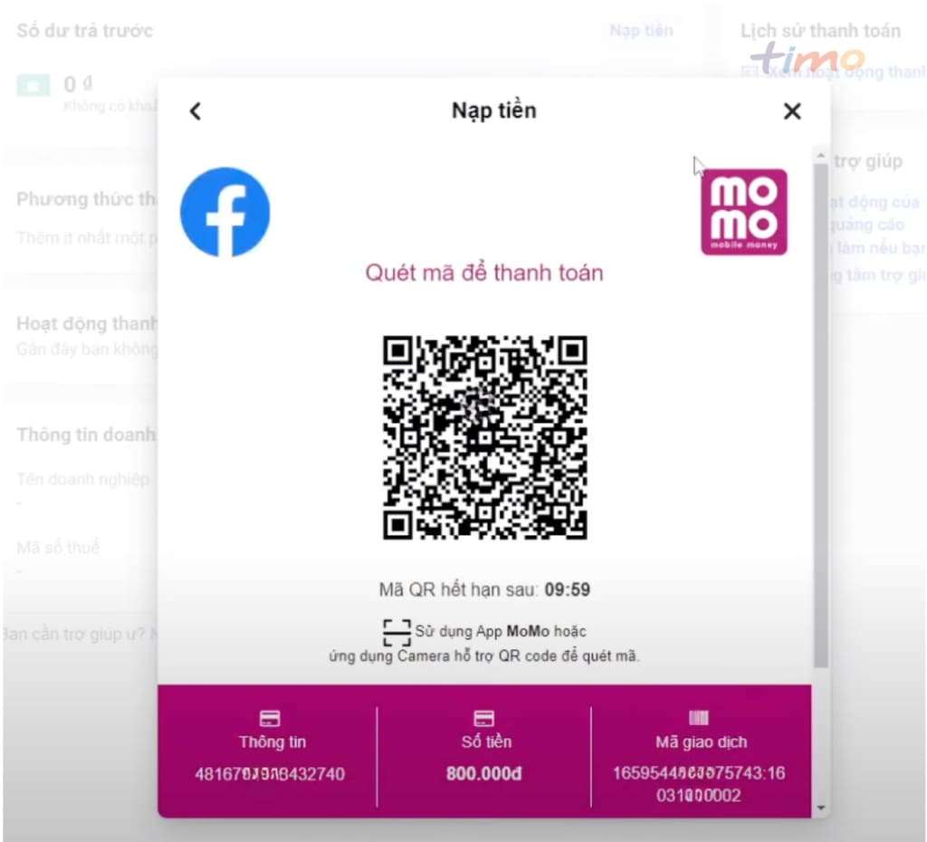 Thanh toán quảng cáo Facebook bằng MoMo